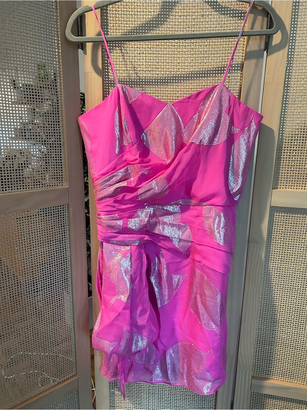 Shoshanna Midnight Silk Metallic Leaf Cocktail Dress Pink Gold Size 8